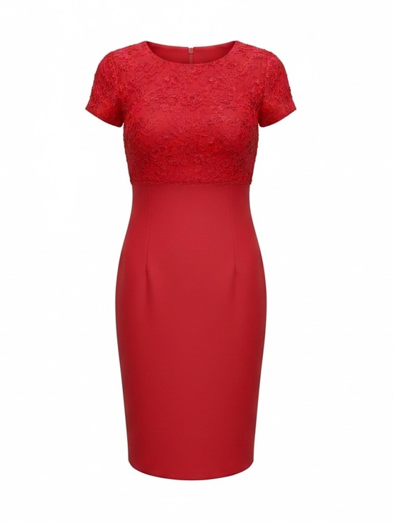 dawn joy fashions Dresses & Skirts - Elegant Red Short-Sleeve Midi Dress with Subtle Embroidery